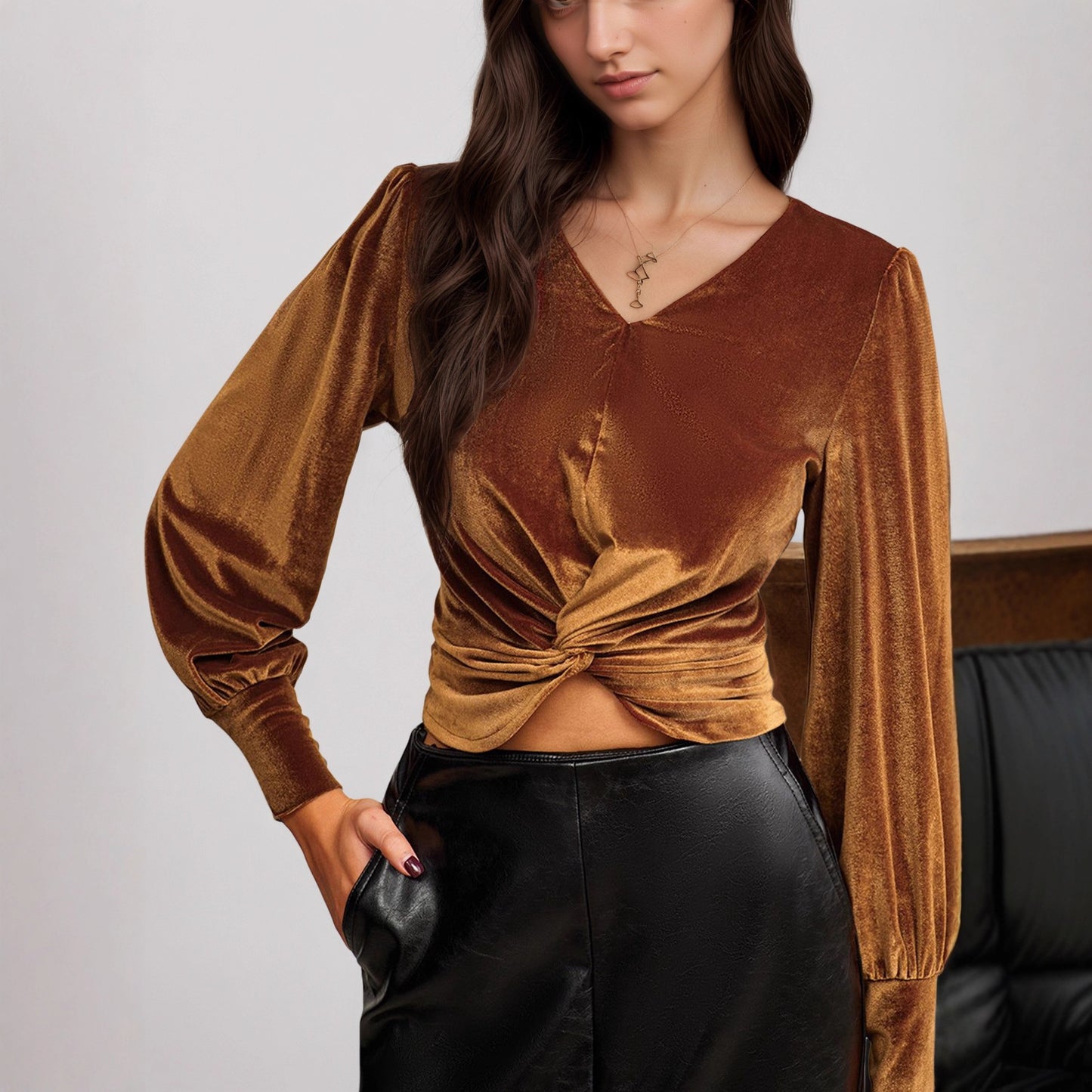 Polyester Women's Velvet French Waist Twist Design Long Sleeve Top