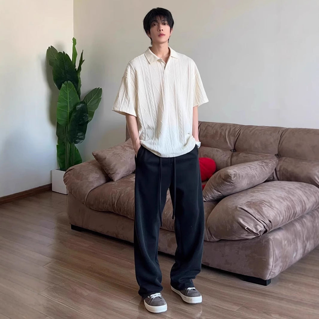 Wheat-ear Pattern Jacquard-knit Short-sleeve Polo Shirt