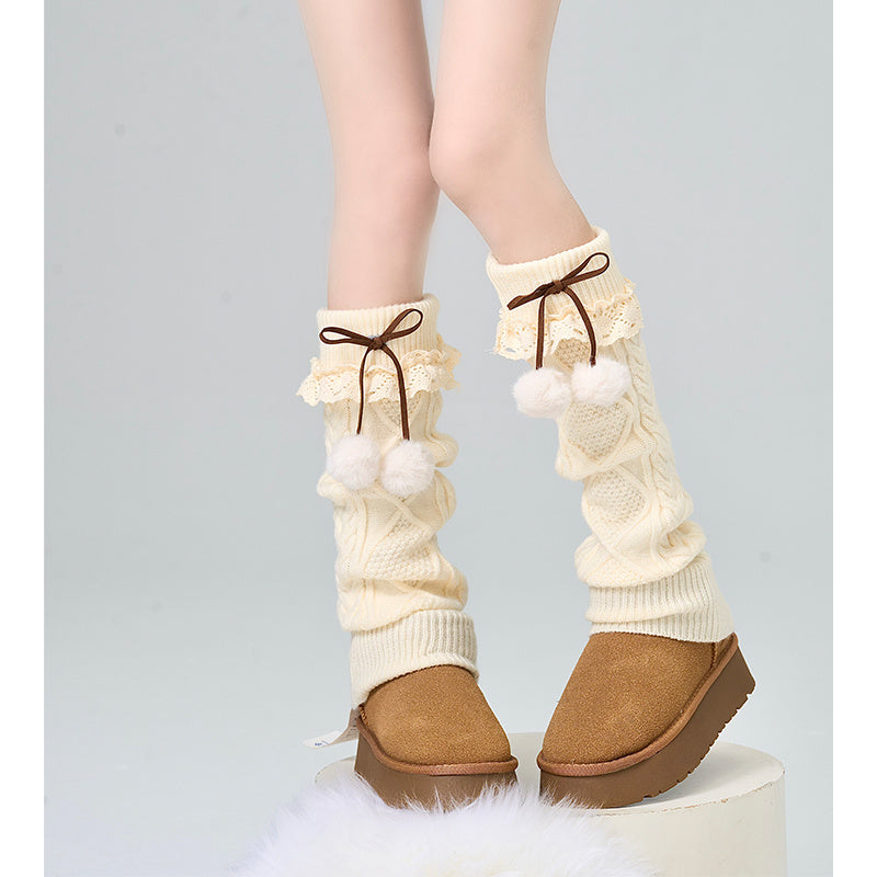Bear Foot Sock Knitted Bow Hair Ball Pile Style Leg Warmer