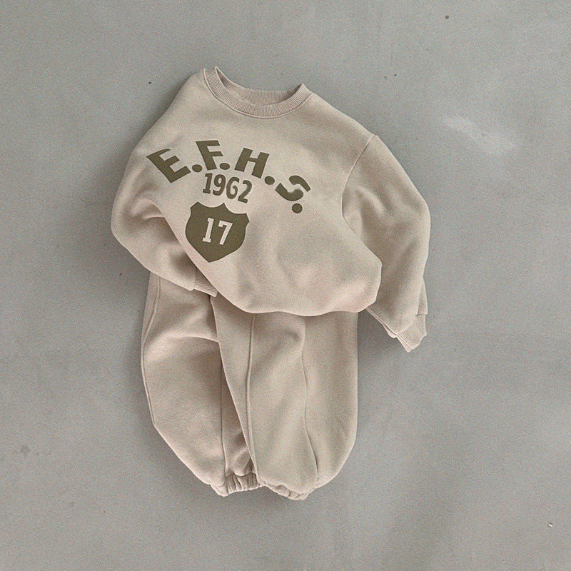 Boys And Girls Letter Printing Casual Fleece Sweater Two-piece Set