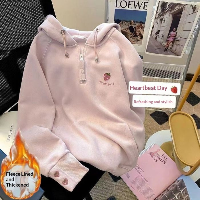 Girls' Pink Strawberry-Embroidered Hoodie New FallWinter Style