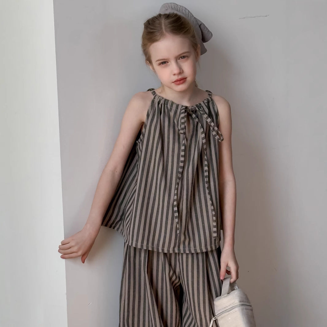 New Girls' Korean-style Striped Vest Straight-leg Pants Two-piece Set