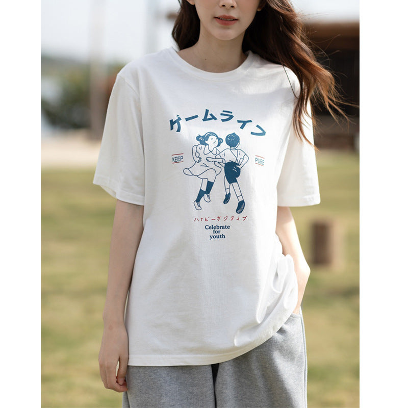 Women's Nostalgic Printed Round Neck Loose Short Sleeve T-shirt