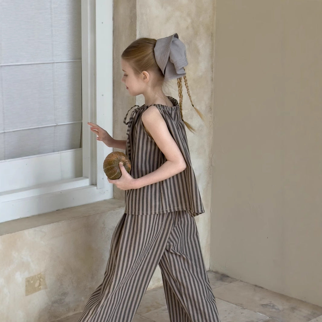 New Girls' Korean-style Striped Vest Straight-leg Pants Two-piece Set