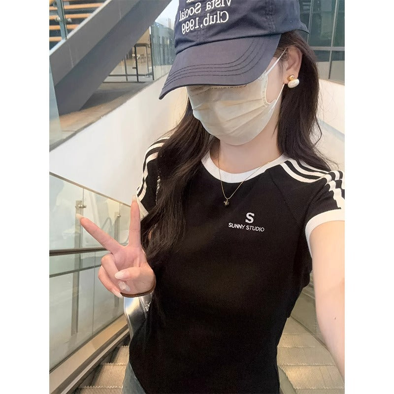 Female Bm Hot Girl Waist Embroidered Crew Neck Short Sleeve T-shirt Top