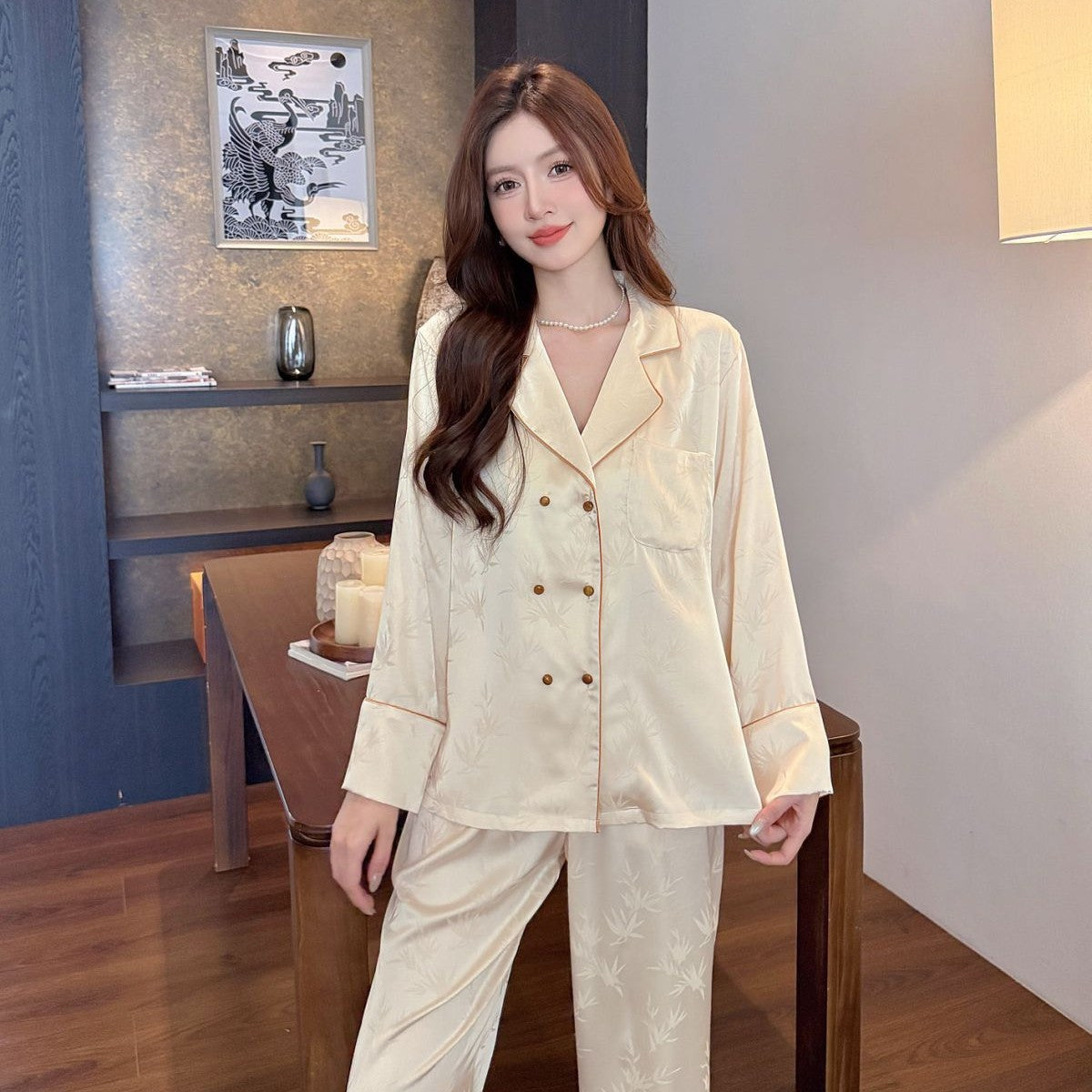 Double Breasted Ice Silk Pajamas Long Sleeve Homewear Suit