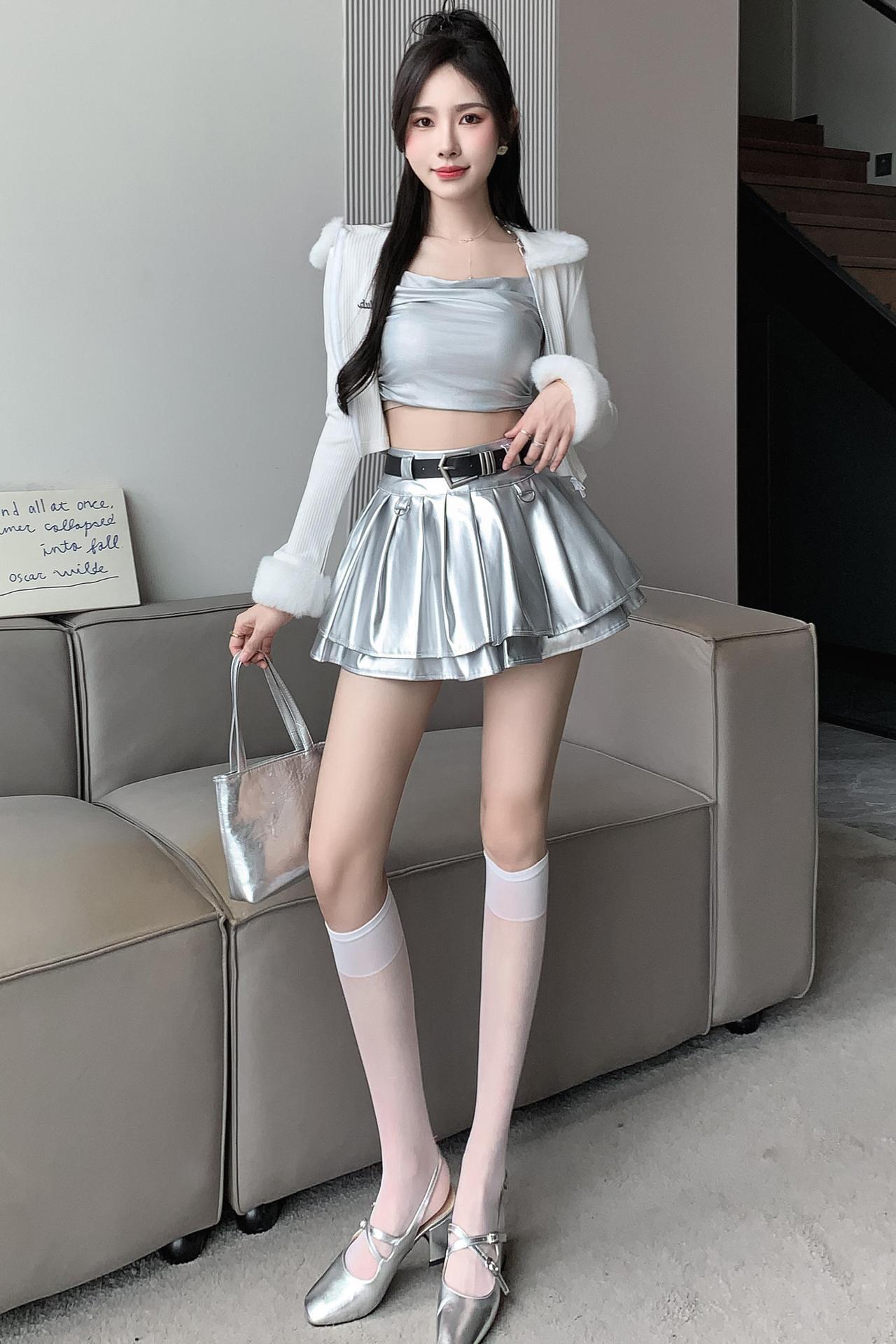 Silver Pleated Skirt For Women Early Slightly Elastic