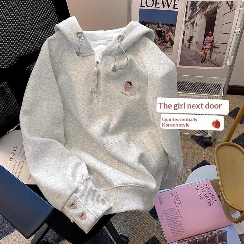 Girls' Pink Strawberry-Embroidered Hoodie New FallWinter Style