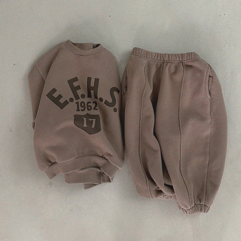 Boys And Girls Letter Printing Casual Fleece Sweater Two-piece Set