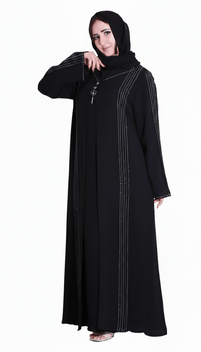 عباية كريب حرير بتطريز خطوط لامعة - Eshtree