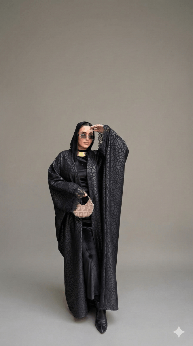 عباية تايجر من خامة الجاكار الفاخر بتفصيل كم دانتيل أنيق - Eshtree