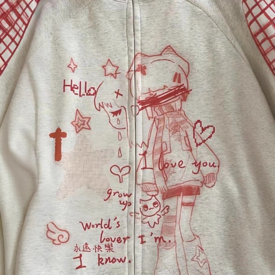 Striped Anime-Print Zip-Up Hoodie With Long Sleeves And A Hood