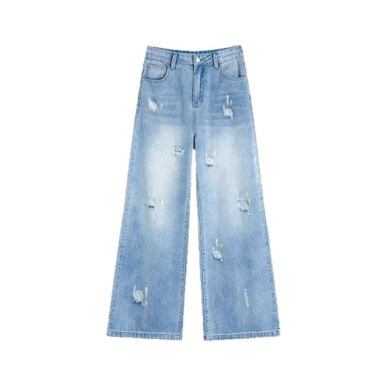 New Light-blue Distressed Wide-leg Jeans