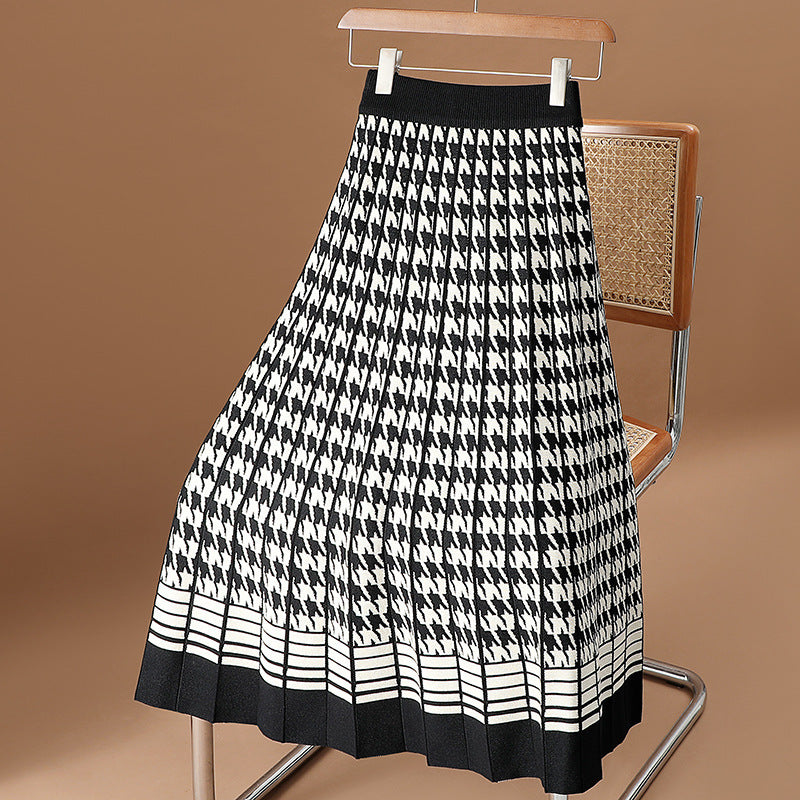 Houndstooth Knit Skirt For Women FallWinter High-Waisted