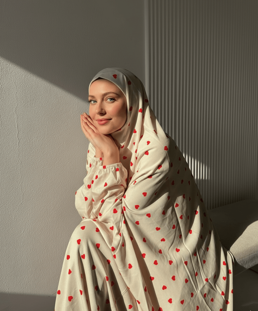 إسدال صلاة حريمي طويل تصميم مريح بطبعة قلوب - Eshtree