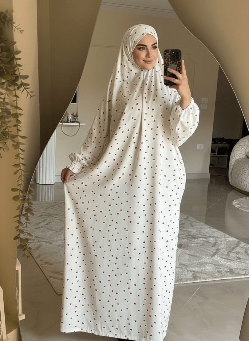 إسدال صلاة حريمي طويل تصميم مريح بطبعة قلوب - Eshtree