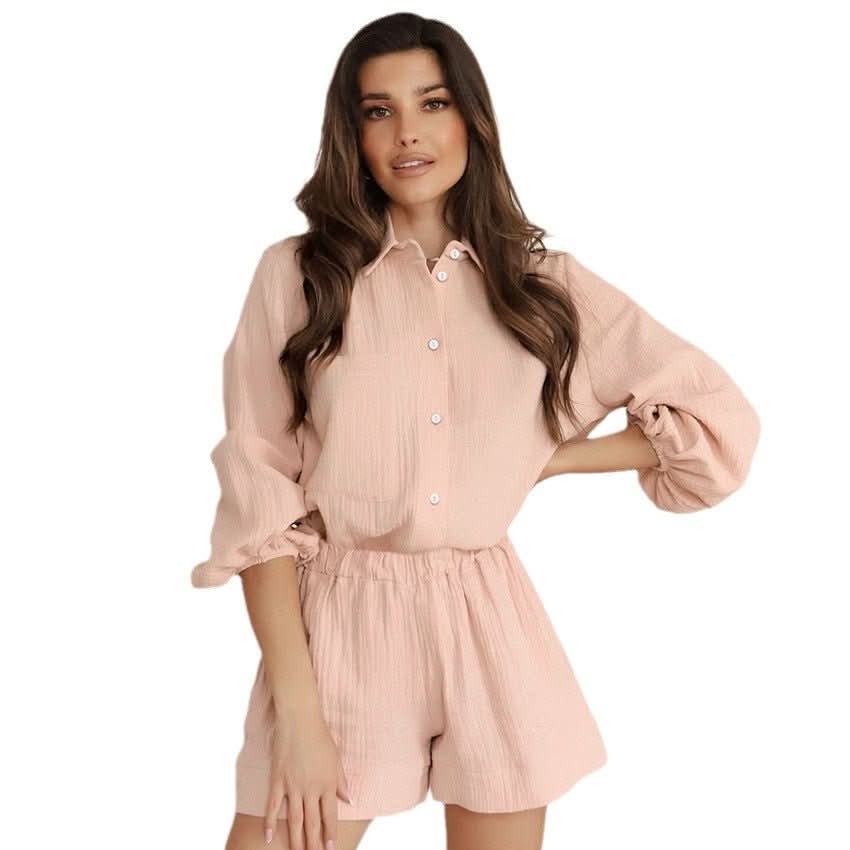 Autumn Cotton Long Sleeve Shorts Pajamas Two - piece Set Ladies' Homewear - Eshtree