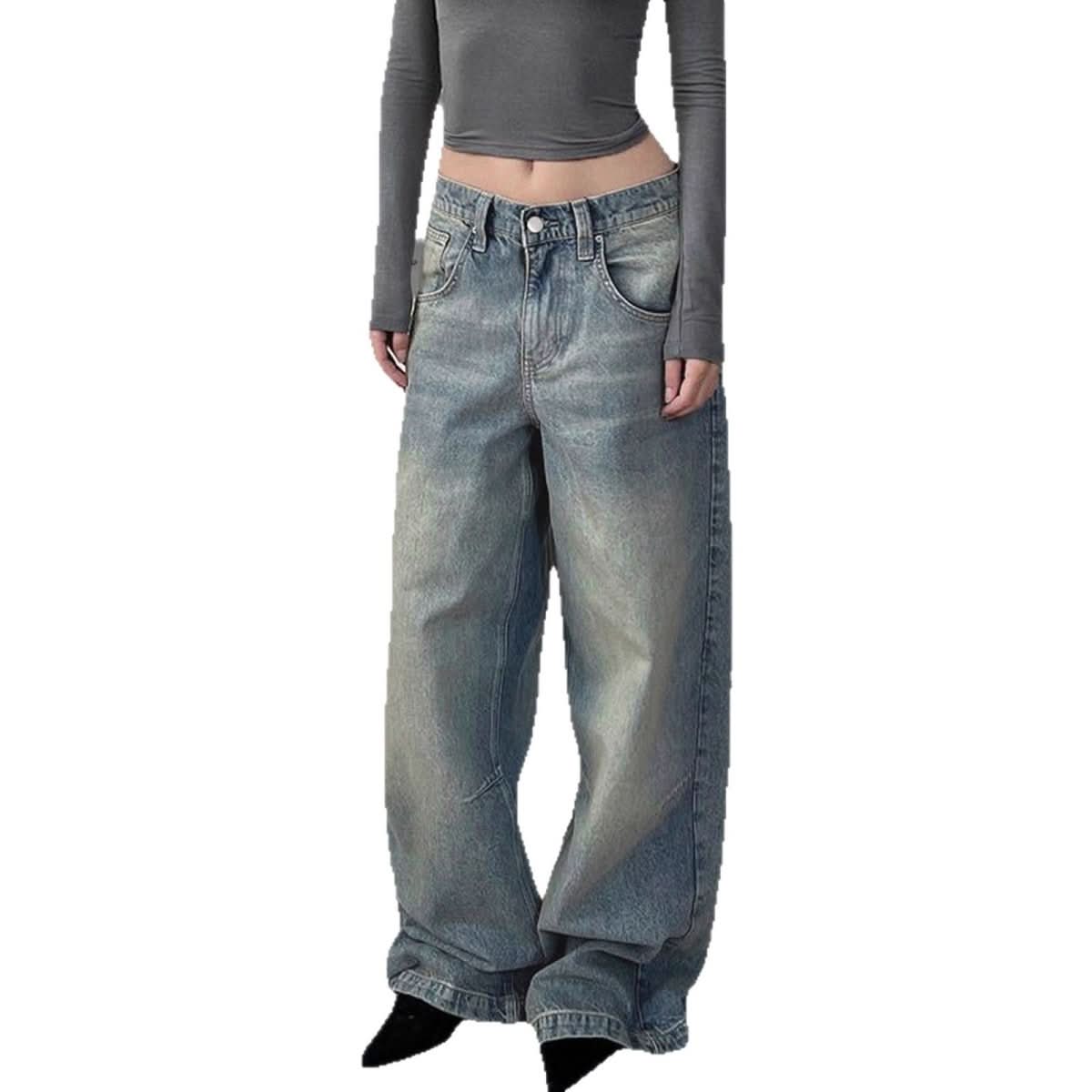 Autumn Winter Retro Distressed Dirty Pants High Waist Straight Loose Wide Leg Jeans - Eshtree