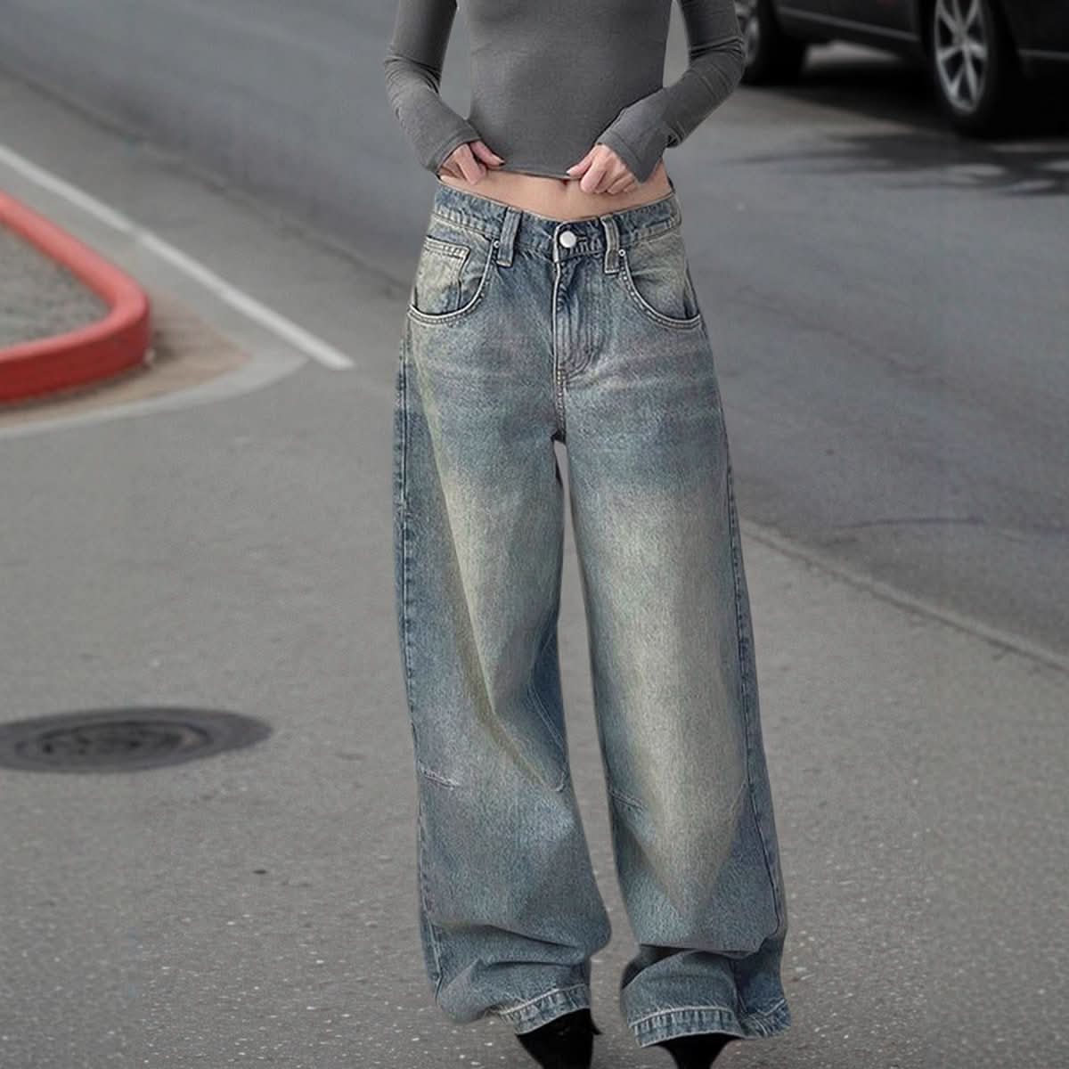 Autumn Winter Retro Distressed Dirty Pants High Waist Straight Loose Wide Leg Jeans - Eshtree