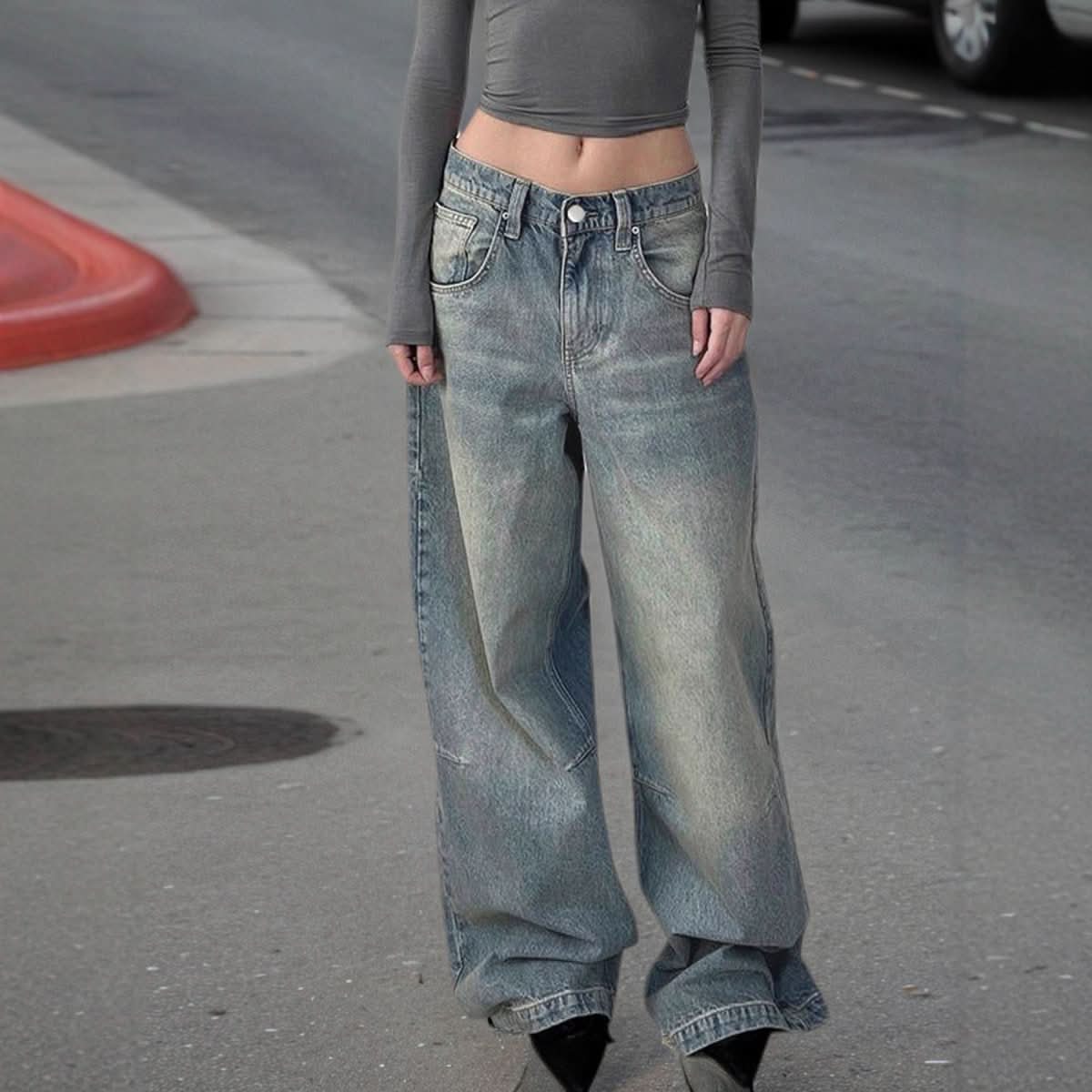 Autumn Winter Retro Distressed Dirty Pants High Waist Straight Loose Wide Leg Jeans - Eshtree