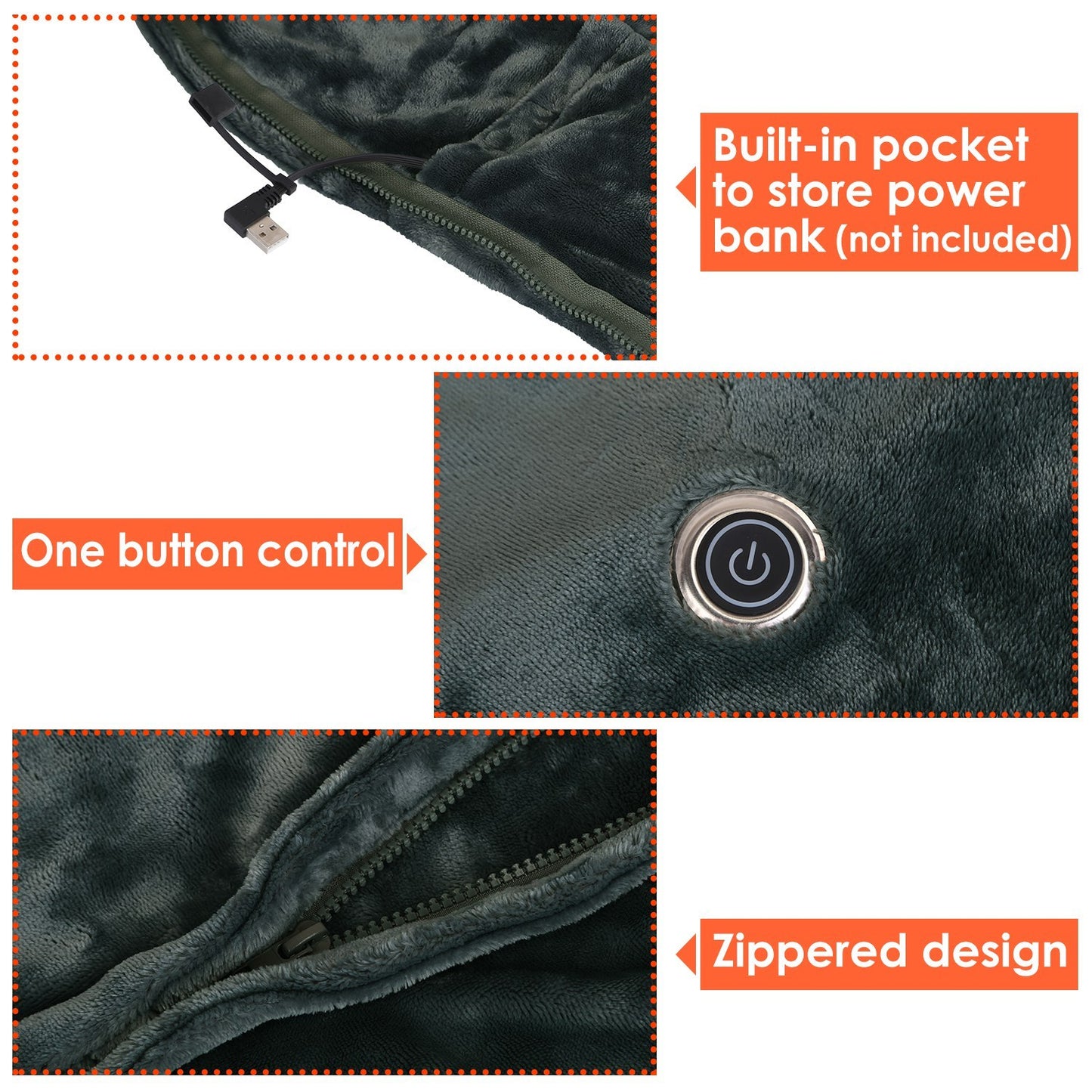 1Pc 59x31in USB Heated Blanket Electric Heated Blanket Heated Poncho Shawl Wrap Throw With Zipper Washable For Home Office No Power Bank Compatible With CJCD2415461