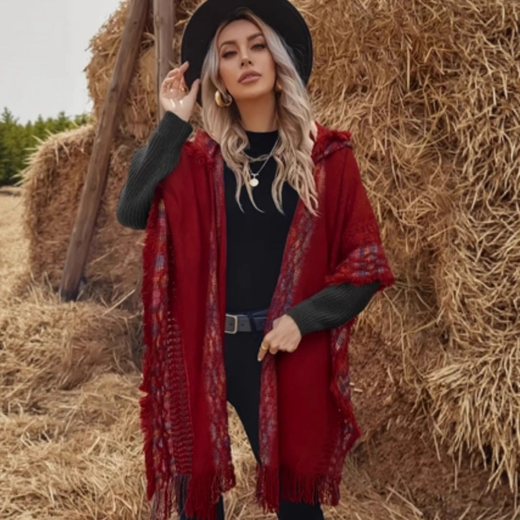 New Knitted Hollow Out Outer Match Ethnic Style Hooded Shawl For Women