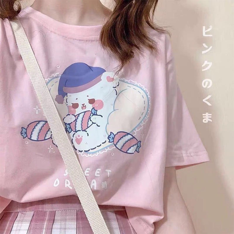 Cute And Sweet Japanese Girl Short-sleeved T-shirt Female Loose And Thin High-waist All-match Short Crop Top