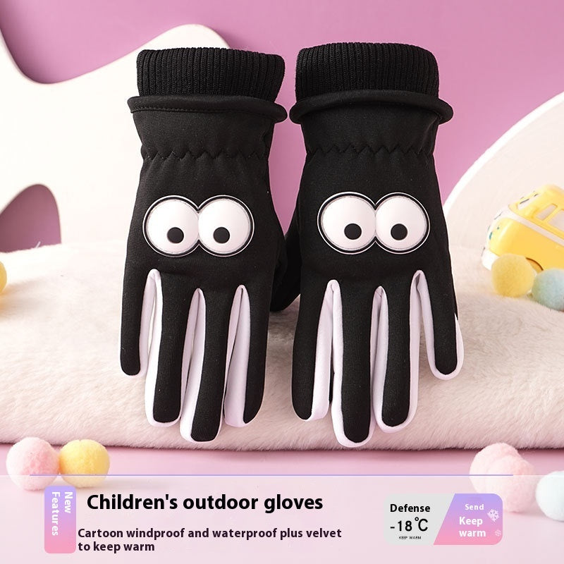 Children's Gloves Autumn And Winter Outdoor Cold-proof Warm With Velvet Anti-slip Cycling Cartoon Cute Windproof