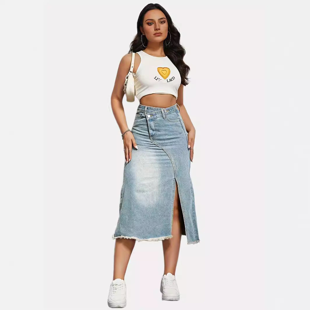 American Retro Denim Split Stitching Skirt