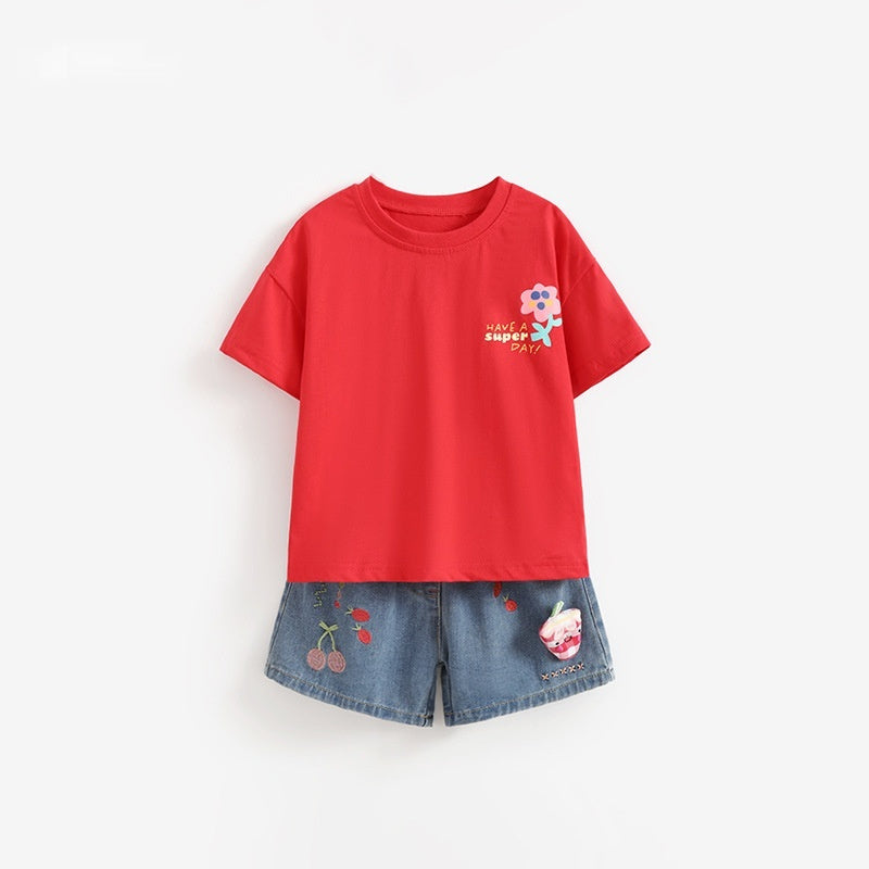 Girls' Crew-Neck T-Shirt And Casual Denim Pants For Little Kids