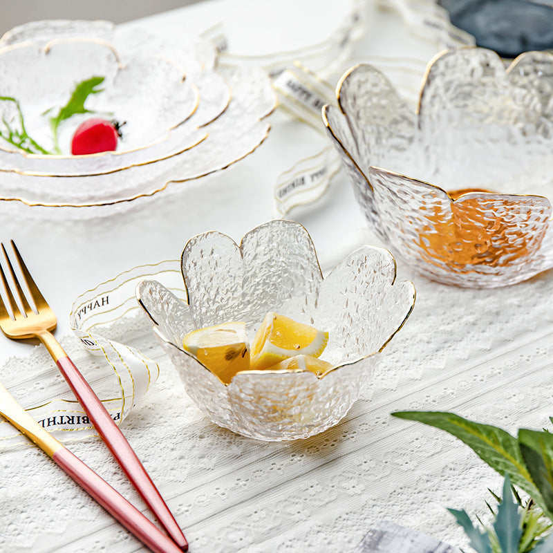 Japanese Style Hammer Pattern Petal Glass Bowl Plate Set