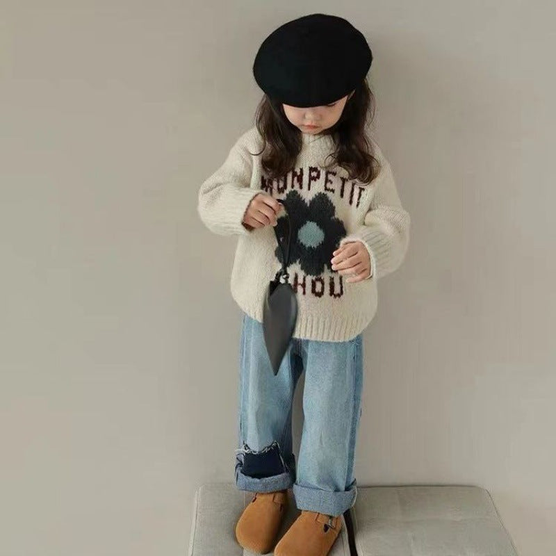 Soft Round Neck Children's Clothing Girls' Letter Flower Pullover Sweater