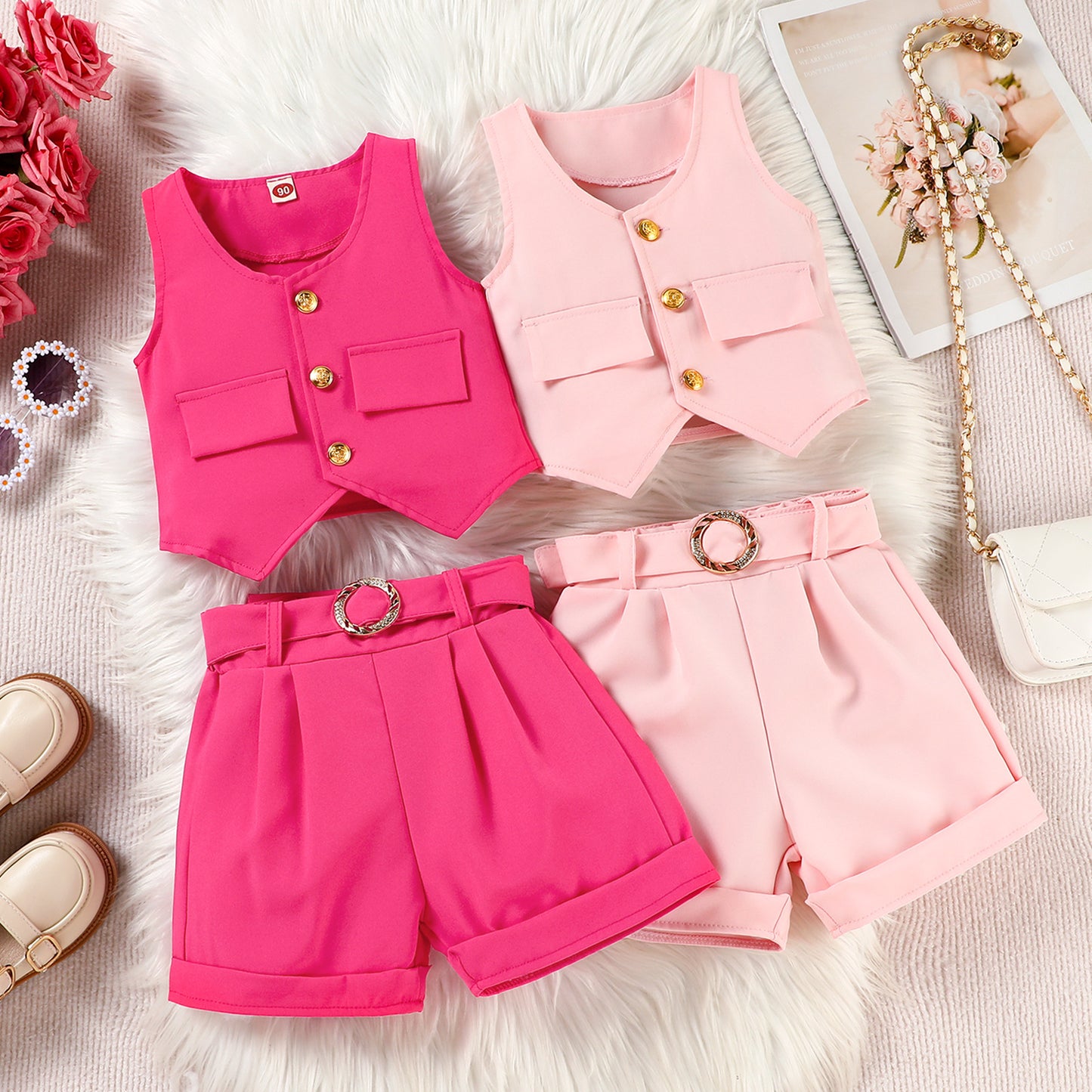 Girls V-neck Vest Top Shorts And Belt Three-Piece Set