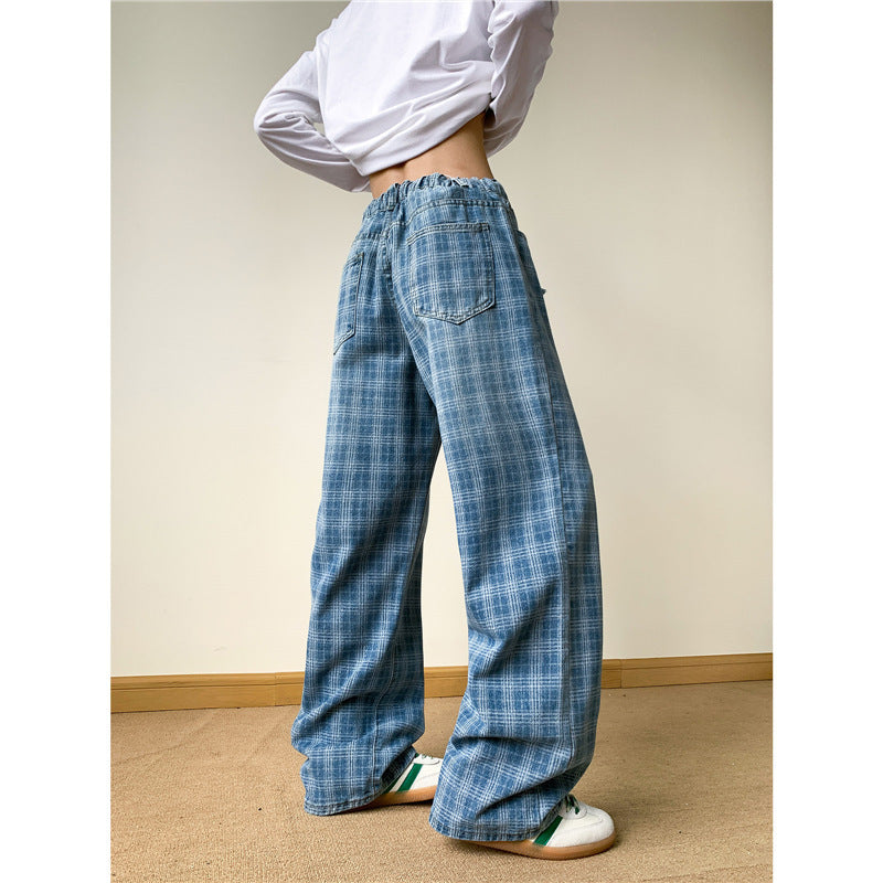 Retro Blue Plaid Wide-leg Skinny Jeans