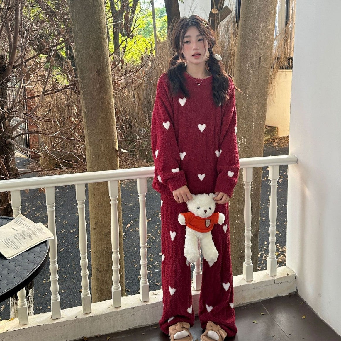 Loose Heart-shaped Red Soft Ladies' Homewear Pajamas Suit