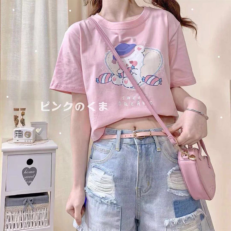 Cute And Sweet Japanese Girl Short-sleeved T-shirt Female Loose And Thin High-waist All-match Short Crop Top