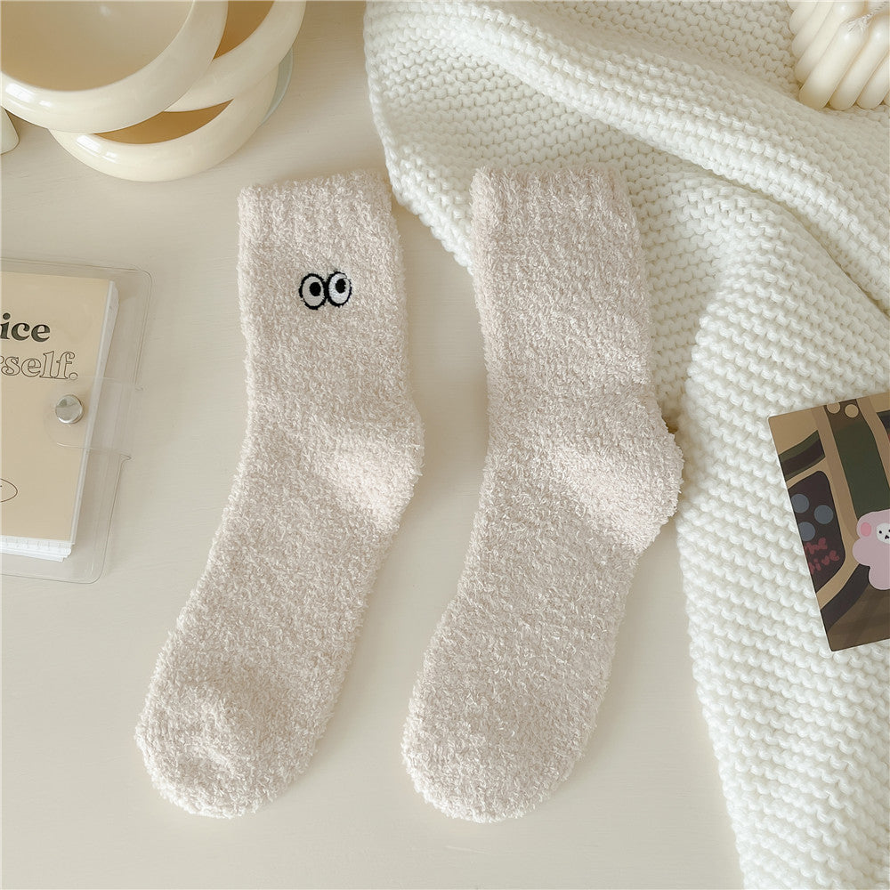 Women's Solid Color Embroidered Sleep Thickening Warm Terry Socks