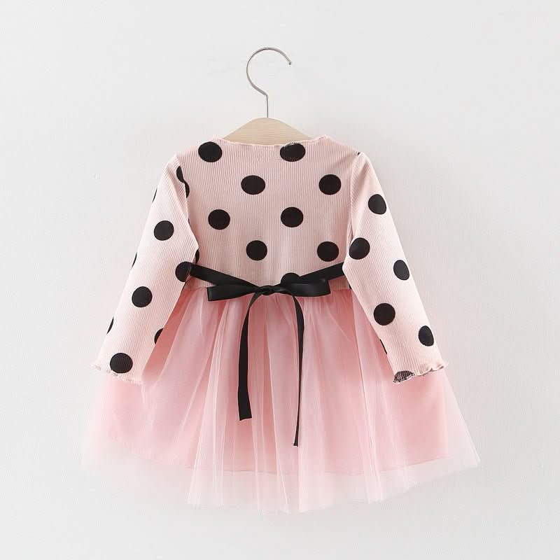 Baby Girl Long Sleeve Polka Dot Waist Flower Mesh Princess Dress - Eshtree