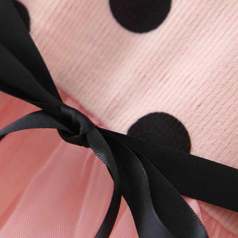 Baby Girl Long Sleeve Polka Dot Waist Flower Mesh Princess Dress - Eshtree