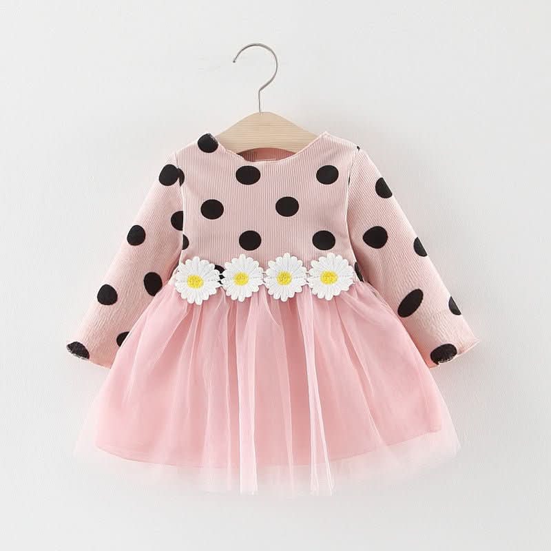 Baby Girl Long Sleeve Polka Dot Waist Flower Mesh Princess Dress - Eshtree