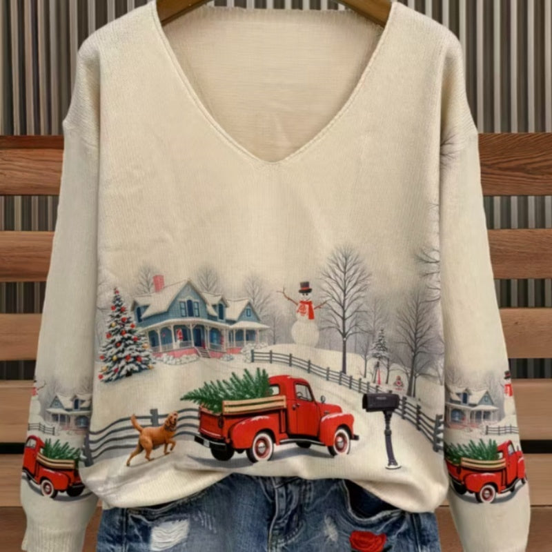 Christmas Element Printed Personal Leisure Autumn And Winter Christmas Collar Loose Sweater