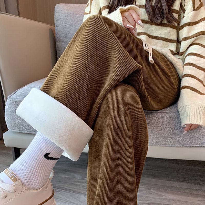 New Corduroy Pants Wide-leg Winter Slim Fit Women's Fleece-lined Thickened Casual Pants