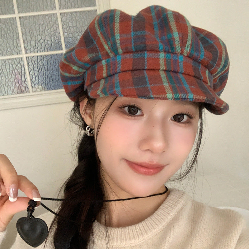 Retro Colored Plaid Clouds Beret Women