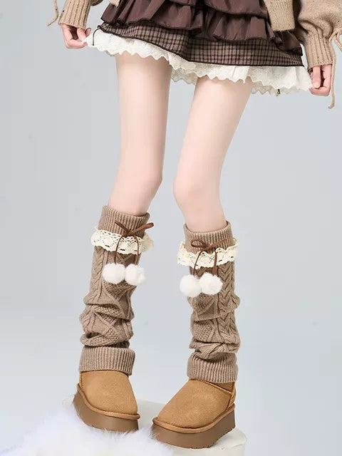Bear Foot Sock Knitted Bow Hair Ball Pile Style Leg Warmer