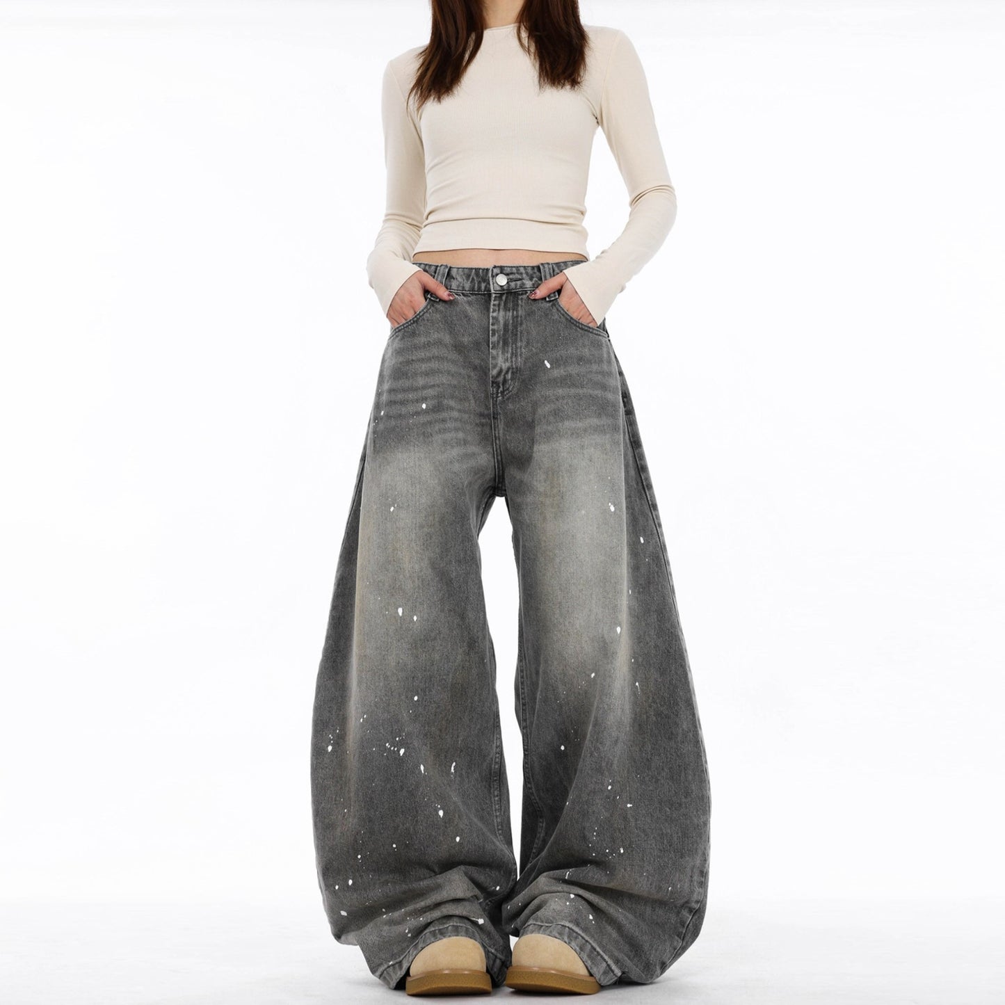 Retro Washed Distressed Splash-ink Machete Jeans For Women