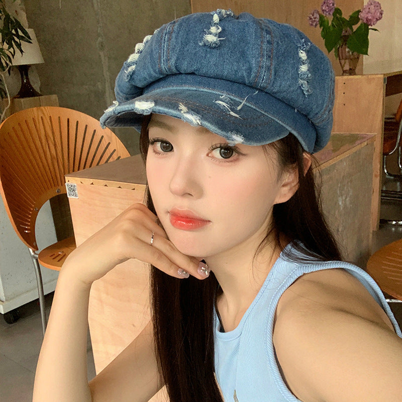 Retro Make Old Ripped Denim Beret Women