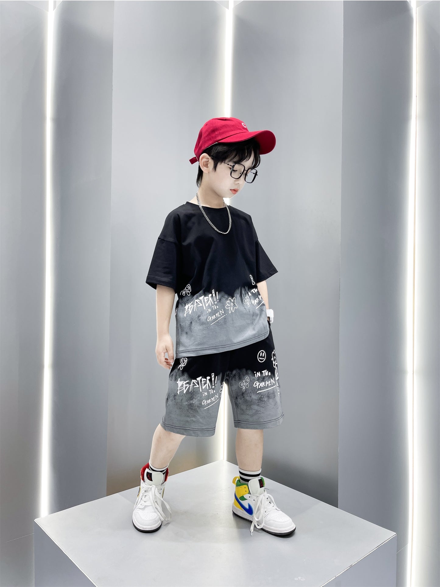Boys Fashion Print Sports Short Sleeve Shorts Set