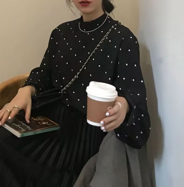 Black And White Polka - dot Turtleneck Relaxed - fit Puff - sleeve Base Shirt - Eshtree