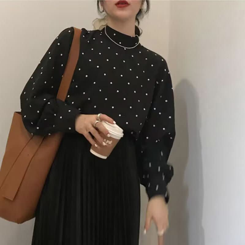 Black And White Polka - dot Turtleneck Relaxed - fit Puff - sleeve Base Shirt - Eshtree