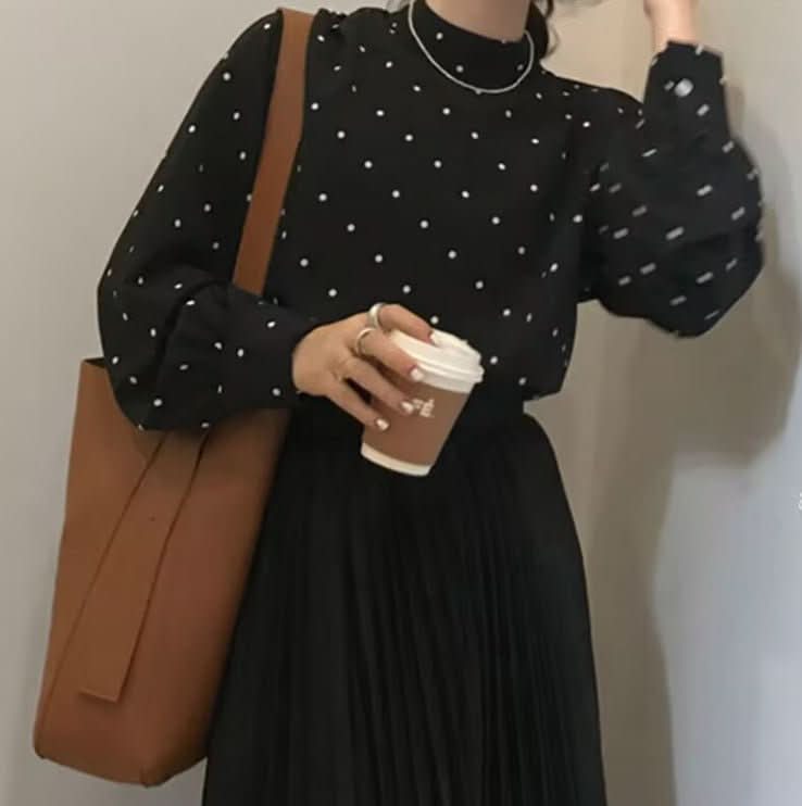 Black And White Polka - dot Turtleneck Relaxed - fit Puff - sleeve Base Shirt - Eshtree